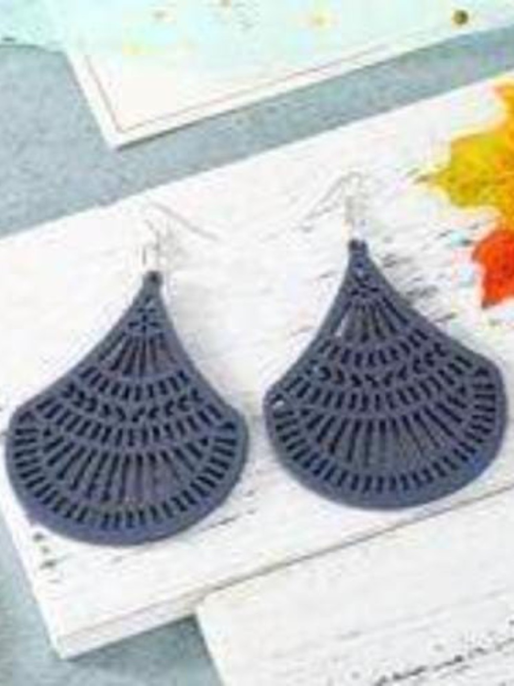 Womens Teardrop Blue Wood Dangle Large Earrings